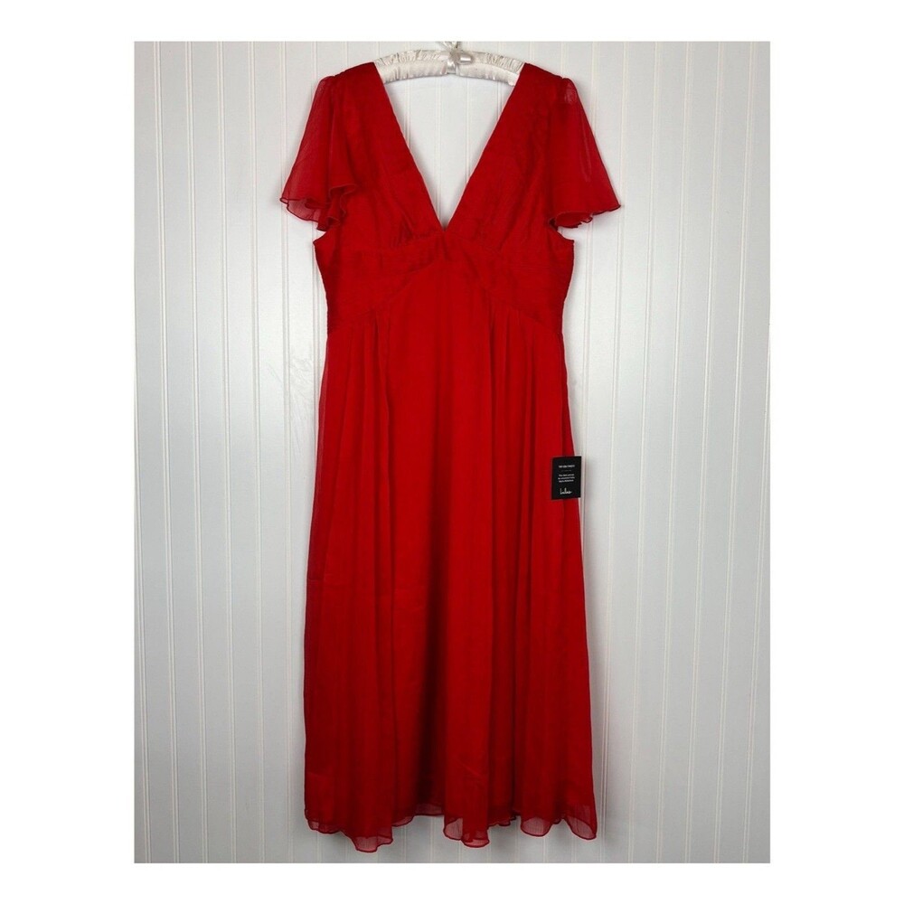 Lulus Womens Midi Red Dress XL Flutter Sleeve V Neck Wedding Guest Flowy NWT